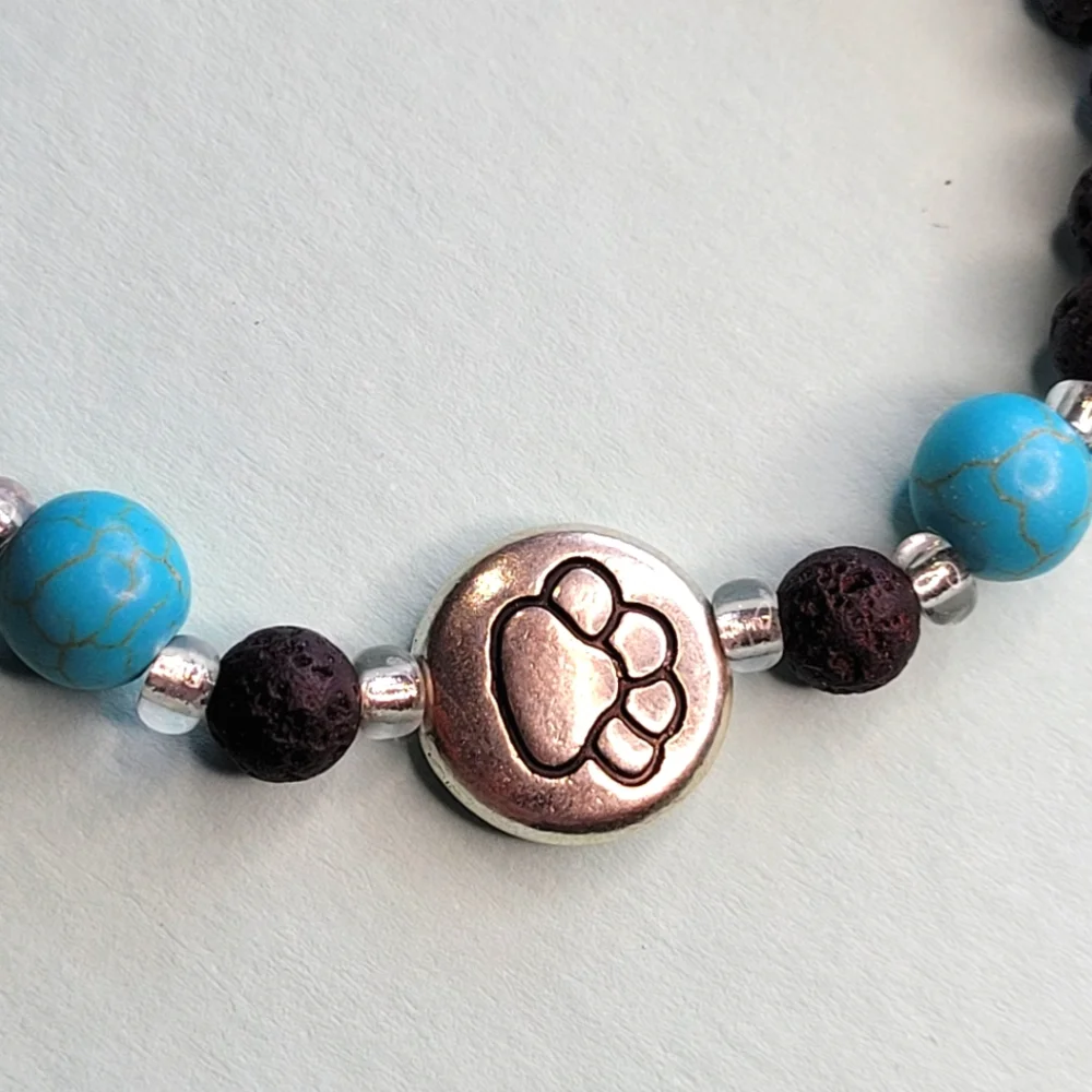 🖤3/$50 Silver Plated Paw Print Agate Stone Lava Bead Handmade Bracelet - Picture 2 of 7
